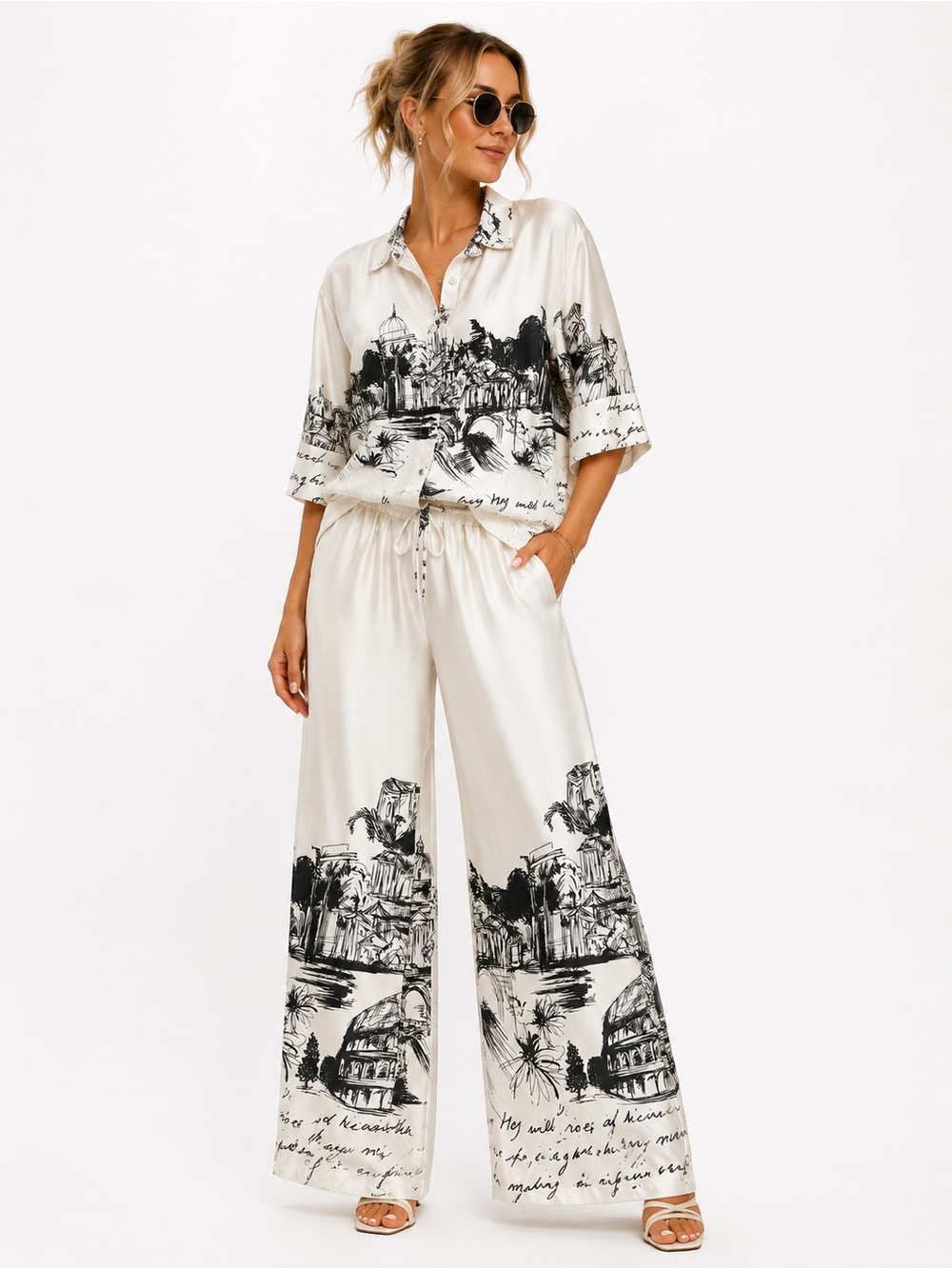 48.NWT Made in Italy 🇮🇹 Italian Silk blend 2 pc set Wide-Leg Satin
